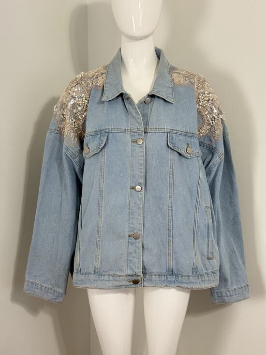 Arula Jackets & Blazers - Arula Women’s Denim Jacket Plus Size 3X Light Wash Pearl Sequin Lace Embellished